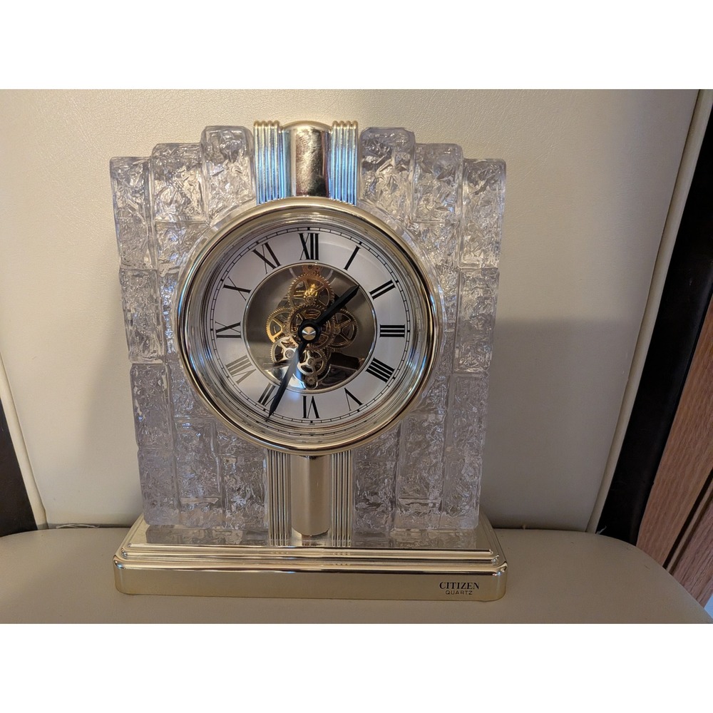 Citizen Quartz Mantle Clock Art Deco Ice Glass Gold Tone Skeleton Gear Dial